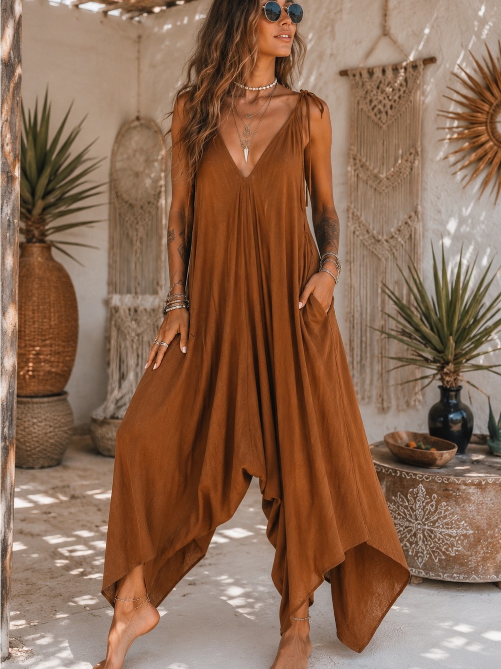 Rhea NWT Flowing Shoulder Tie Jumper Bronze Brown One Size Boho Harem Romper